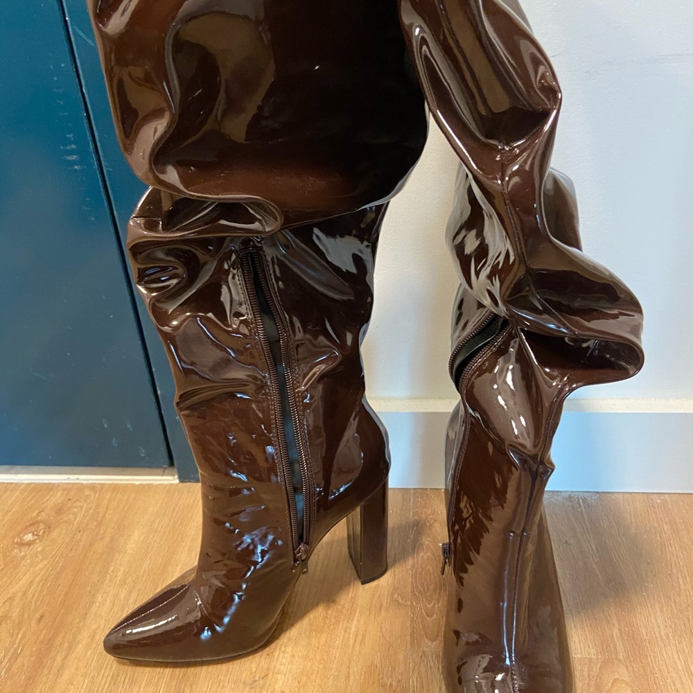 Brown Latex Knee High Boots